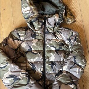 The North Face Green Camouflage Puffer Jacket with Fur Hood
